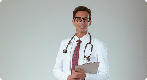Dr. Michael Anderson in a white coat with a stethoscope and clipboard